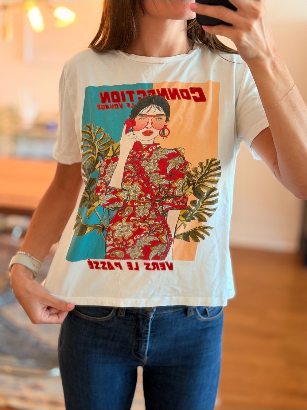 Zara White Tee with Red Floral Graphic and Green Accents